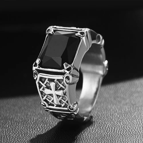 WOLFHA JEWELRY Gothic Cross Gemstone Stainless Steel Ring 5