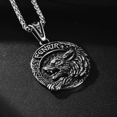 WOLFHA JEWELRY Pendant Viking Fenrir Helm of Awe Rune Stainless Steel Wolf Pendant Silver 3