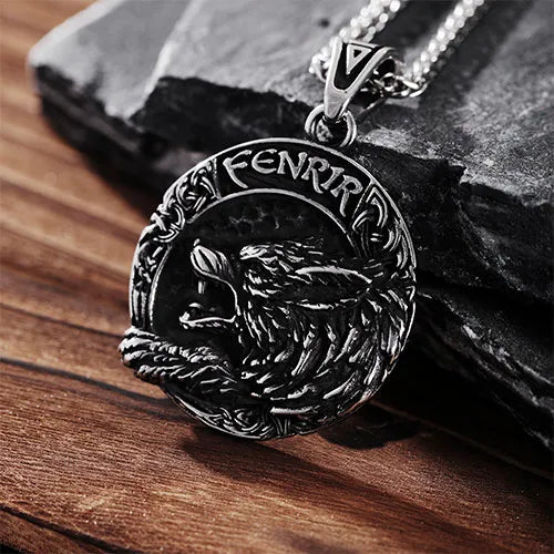 WOLFHA JEWELRY Pendant Viking Fenrir Helm of Awe Rune Stainless Steel Wolf Pendant Silver 5