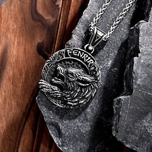 WOLFHA JEWELRY Pendant Viking Fenrir Helm of Awe Rune Stainless Steel Wolf Pendant Silver 6