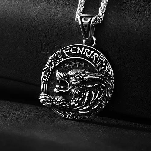 WOLFHA JEWELRY Pendant Viking Fenrir Helm of Awe Rune Stainless Steel Wolf Pendant Silver 1