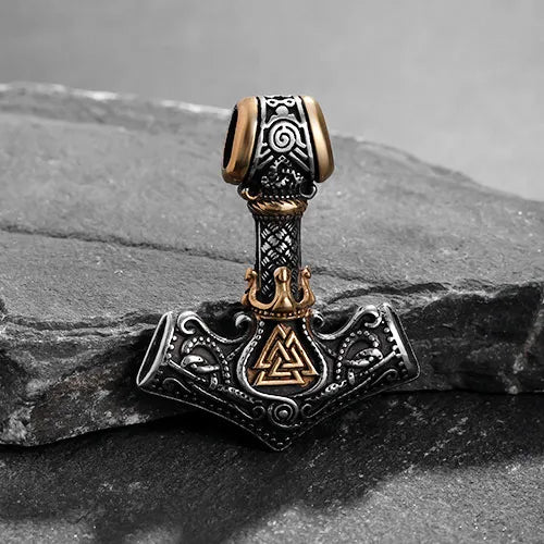 ElfaSteel Norse Thunder God Viking Thor's Hammer Pendant – Stainless Steel, Lion Theme, Silver