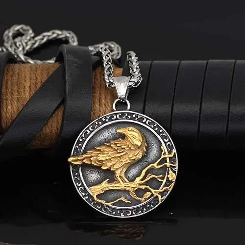 WOLFHA JEWELRY Viking Rune Raven Amulet Stainless Steel Pendant Gold