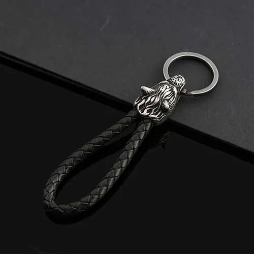 WOLFHA JEWELRY Vintage Wolf Head Braided Leather Strap Keychain 2
