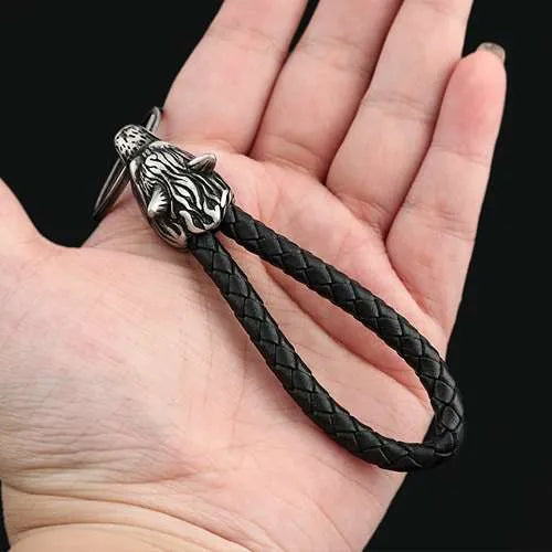 WOLFHA JEWELRY Vintage Wolf Head Braided Leather Strap Keychain 4