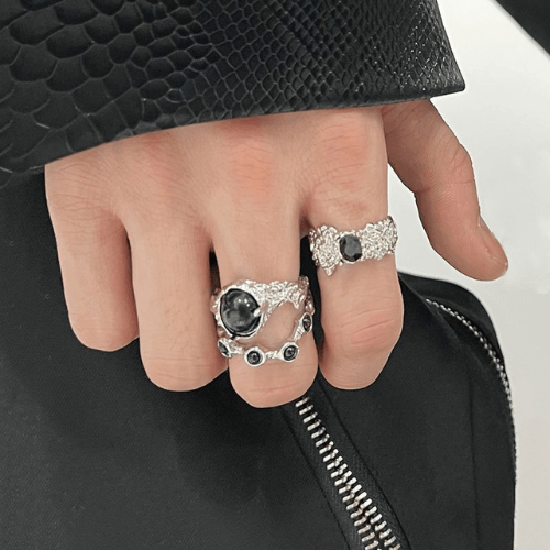 Wolfha Jewelry Gothic Vintage Punk Women Fashion Open Suite Black Gemstone Ring 2