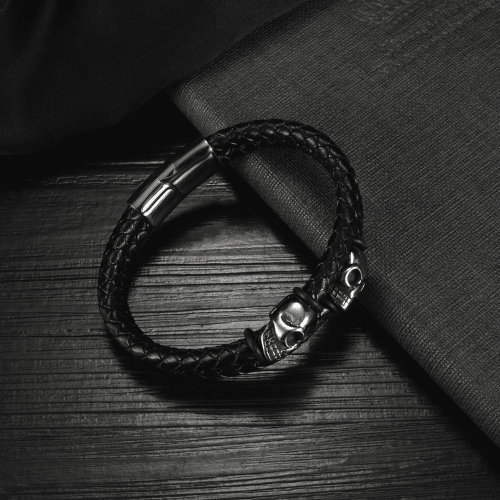 WOLFHA  JEWELRY BRACELETS Magnetic Clasp Leather Skull Bracelet  Black