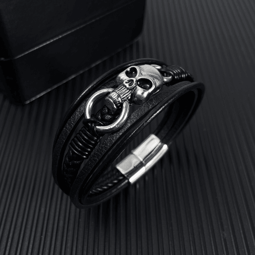 WOLFHA  JEWELRY BRACELETS Men's Layered Leather Stainless Steel Skull Bracelet Black