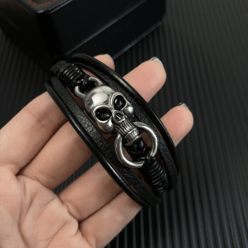 WOLFHA  JEWELRY BRACELETS Men's Layered Leather Stainless Steel Skull Bracelet Black4