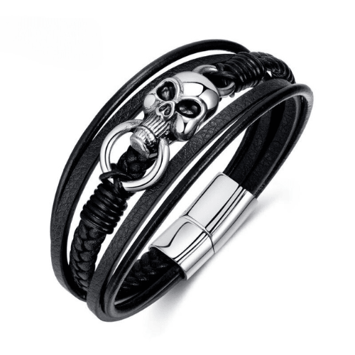 WOLFHA JEWELRY BRACELETS Men's Layered Leather Stainless Steel Skull Bracelet Black1