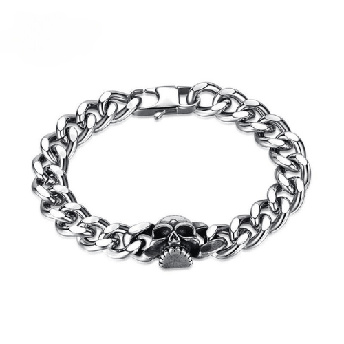 Personalized Stainless Steel Cuban Chain Skull Bracelet Silver 4