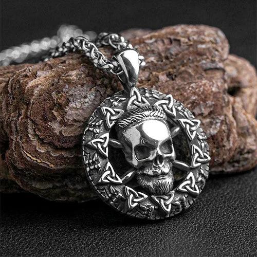 MENDEL Men's Stainless Steel Punk Skull & Rose Pendant Necklace, 25 Inch, Silver