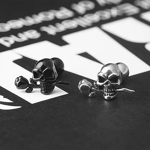 punk skull rose stud earrings black