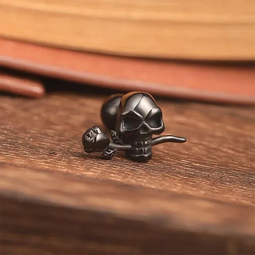 punk skull rose stud earrings black