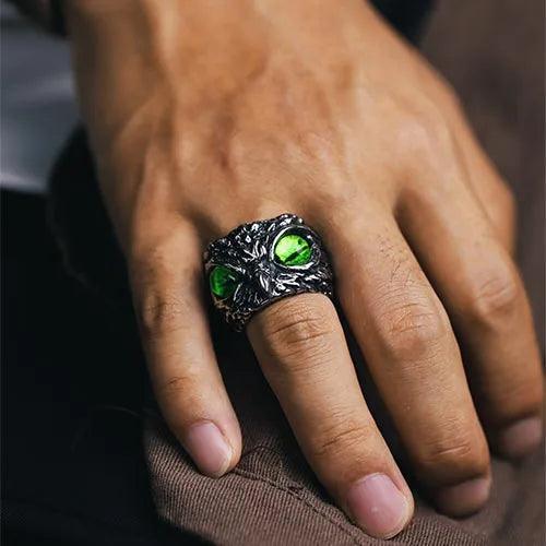 Wolfha Jewelry Retro Owl Green Eye Titanium Steel Ring 5