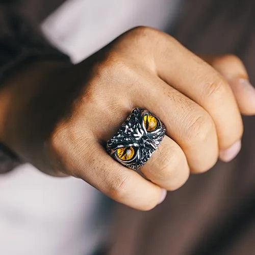 Wolfha Jewelry Retro Owl Yellow Eye Titanium Steel Ring 5