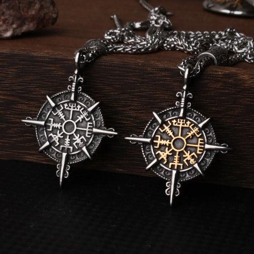 Retro Viking Compass Stainless Steel Norse Pendant WOLFHA