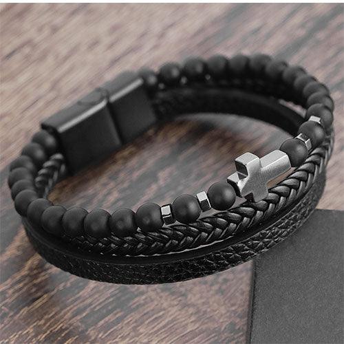 WOLFHA JEWELRY Three-Layer Leather Braided Wrap Cross Black Beaded Bracelets Black 2