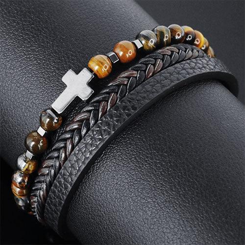 WOLFHA JEWELRY BRACELETS Three-Layer Leather Braided Wrap Cross Tiger Eye Beaded Bracelets 3
