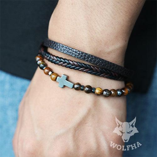WOLFHA JEWELRY BRACELETS Three-Layer Leather Braided Wrap Cross Tiger Eye Beaded Bracelets 6