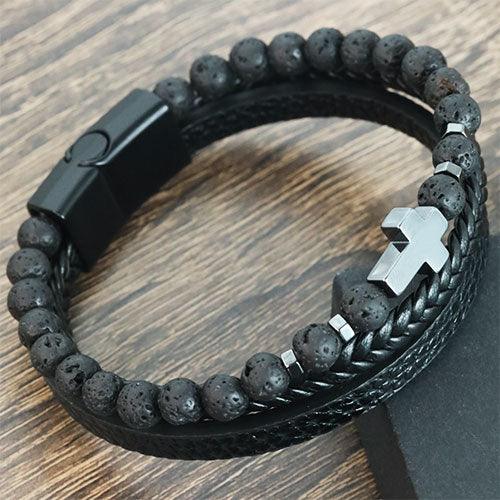 WOLFHA JEWELRY Three-Layer Leather Braided Wrap Cross Volcanic Beaded Bracelets Black1