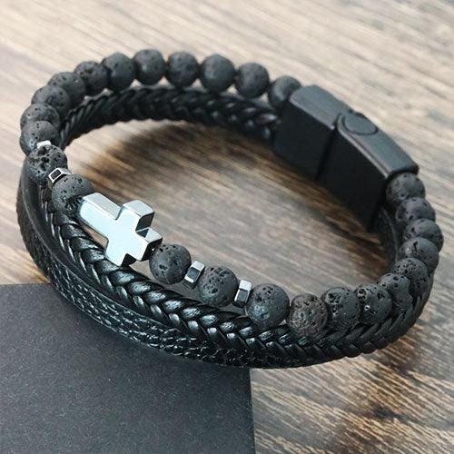 WOLFHA JEWELRY Three-Layer Leather Braided Wrap Cross Volcanic Beaded Bracelets Black2