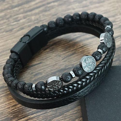 WOLFHA  JEWELRY Tree of Life Leather Braided Wrap Volcanic Beaded Bracelets  Black 1