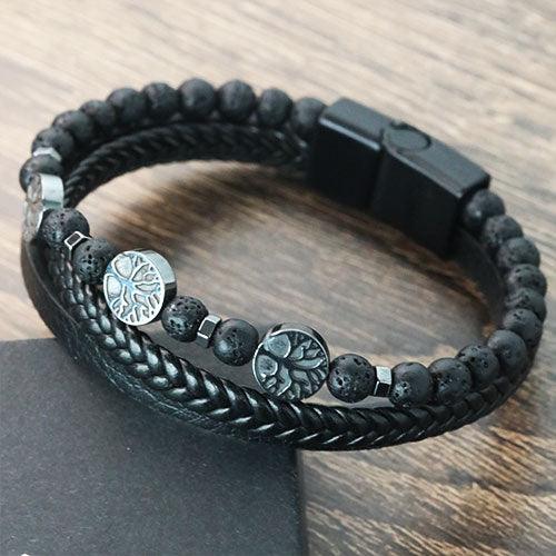WOLFHA  JEWELRY Tree of Life Leather Braided Wrap Volcanic Beaded Bracelets  Black 2