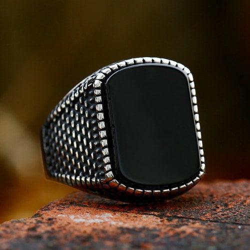 WOLFHA JEWELRY RINGS Vintage Setting Black Gemstone Stainless Steel Ring Sliver 1
