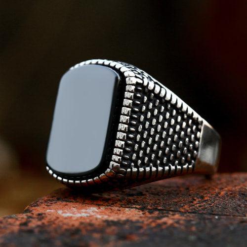 WOLFHA JEWELRY RINGS Vintage Setting Black Gemstone Stainless Steel Ring Sliver 3