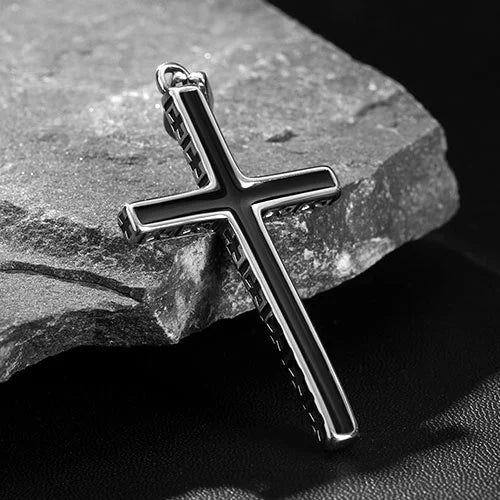 H&J Jewelry Stainless Steel Black Plated Cuban Curb Chain Cross Pendant Necklace - 11mm Wide