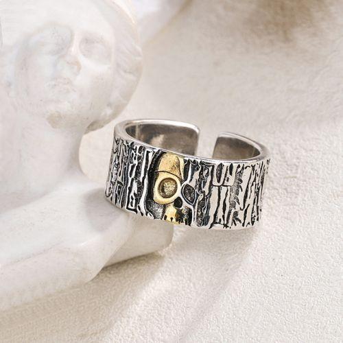 WOLFHA Wooden Grain Gold Half-Skull Silver Ring1