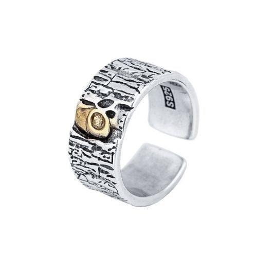 WOLFHA Wooden Grain Gold Half-Skull Silver Ring4