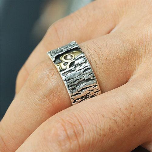 WOLFHA Wooden Grain Gold Half-Skull Silver Ring5