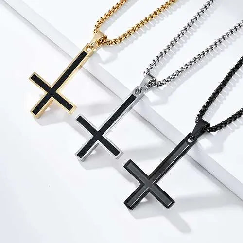 WOLFHA JEWELRY Inverted Cross Glossy Stainless Steel Pendant Necklace 1