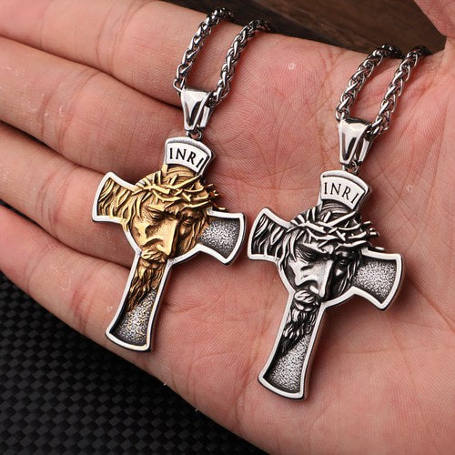 WOLFHA JEWELRY Jesus Christ Face Crucifix Cross Stainless Steel Pendant 4