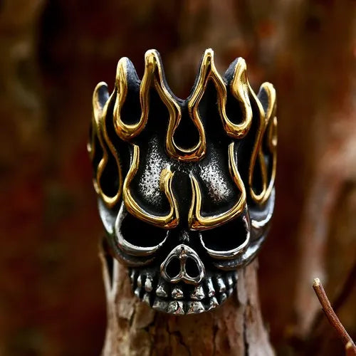 WOLFHA JEWELRY Punk Angry Flame Skull Head Ring 2