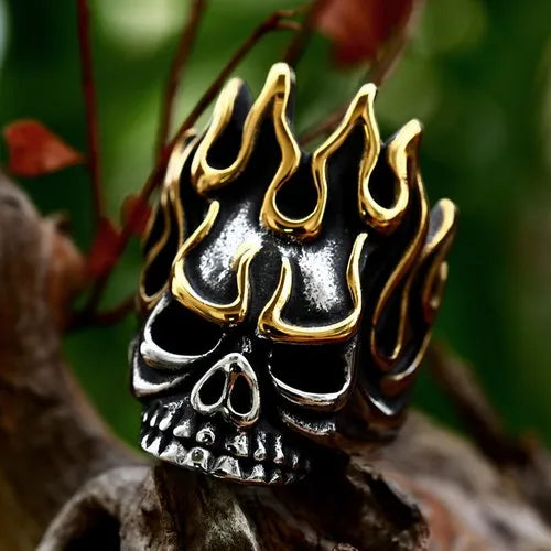 WOLFHA JEWELRY Punk Angry Flame Skull Head Ring 3