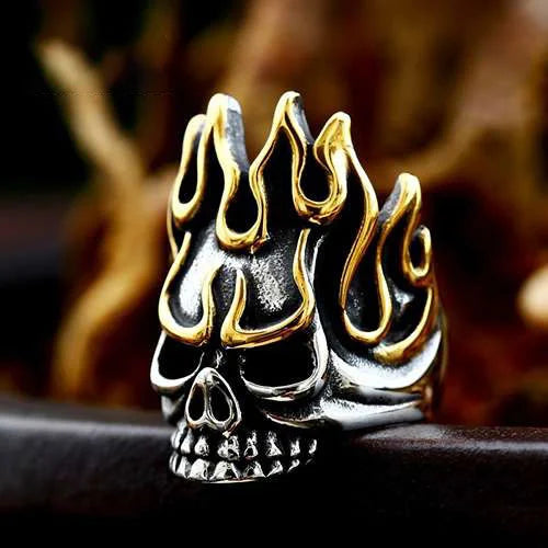 WOLFHA JEWELRY Punk Angry Flame Skull Head Ring 1