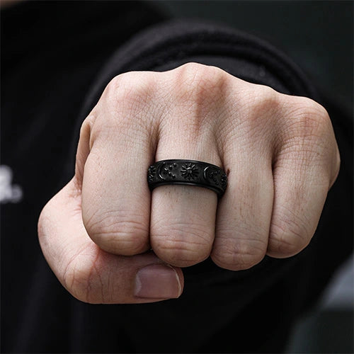 WOLFHA JEWELRY RINGS Sun Moon Black Stainless Steel Spin Anxiety Ring Black 6