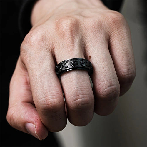 WOLFHA JEWELRY RINGS Sun Moon Black Stainless Steel Spin Anxiety Ring Black 5