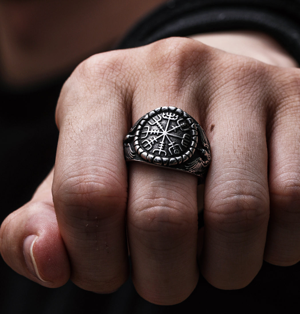 Viking Double Raven Compass Stainless Steel Ring
