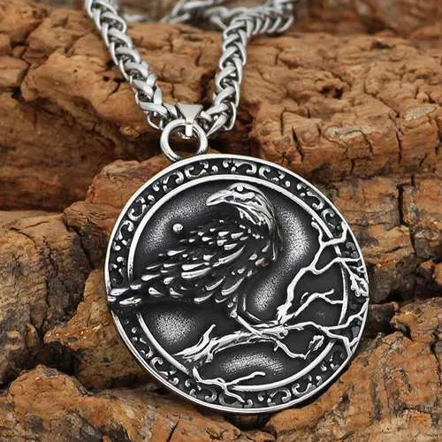 WOLFHA JEWELRY Viking Rune Raven Amulet Stainless Steel Pendant Silver