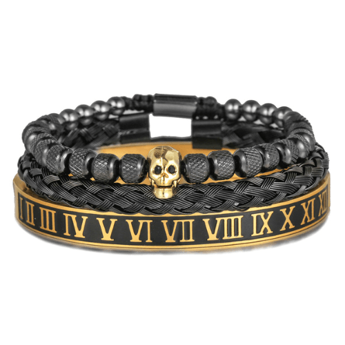 WOLFHA  JEWELRY Braided Wrap Chain & Stainless Steel Cuff & Bead Gold Skull Bracelet Black 1