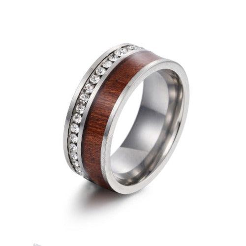 Wolfha Jewelry Crystal Zircon Inlay Acacia Wood  Titanium Steel Ring 1