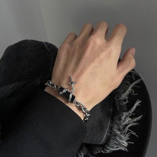 Wolfha Jewelry Fashion Punk Black Obsidian Stainless Steel Bracelet 2