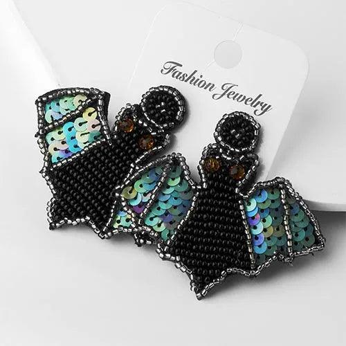 Wolfha Jewelry Halloween Black Braided Bat Drop Earrings 1
