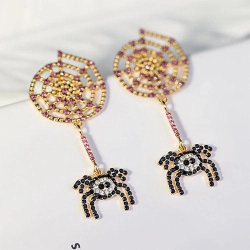 Wolfha Jewelry Halloween Diamond-encrusted Spider and Spider Web Vintage Earrings for Women 1