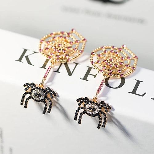 Wolfha Jewelry Halloween Diamond-encrusted Spider and Spider Web Vintage Earrings for Women 2