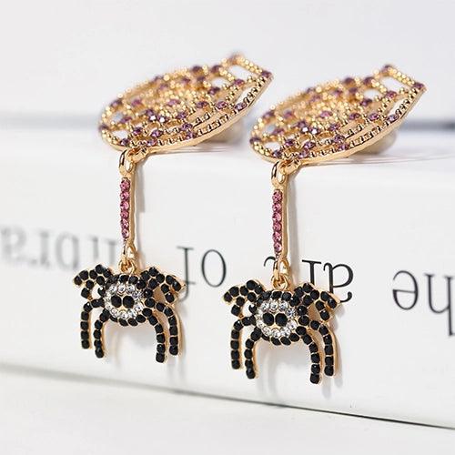 Wolfha Jewelry Halloween Diamond-encrusted Spider and Spider Web Vintage Earrings for Women 3